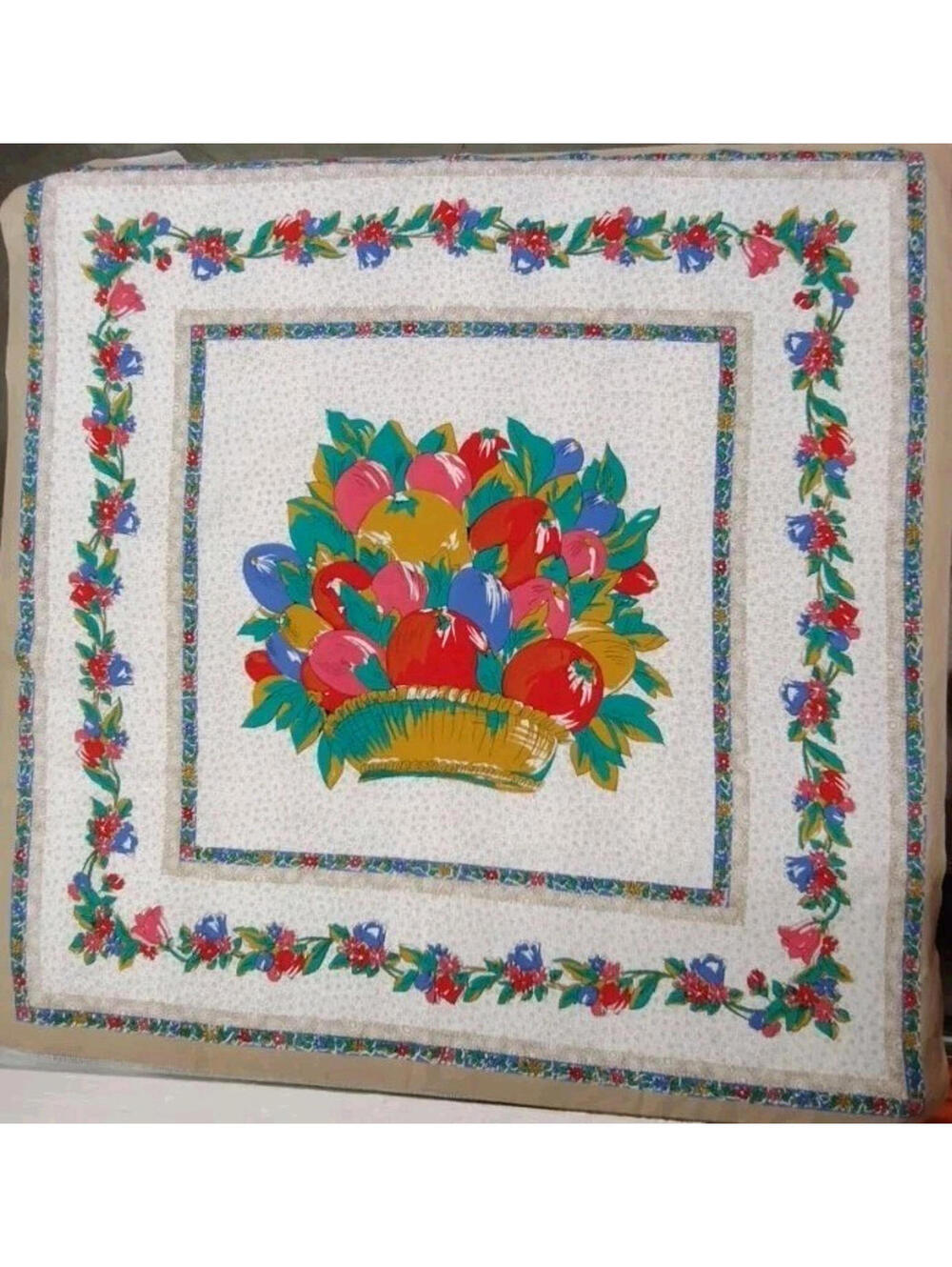 Vintage Axcess Fruit Big Scarf Fine Cotton Colorful Floral Bouquet PERFECT TABLE - Picture 2 of 16
